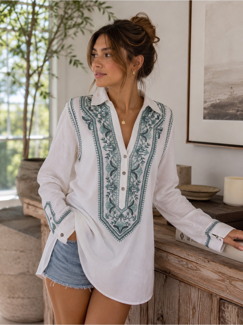 Sigrid Olsen Long Sleeve White Cotton Tunic Teal Embroidered XS boho extra small
